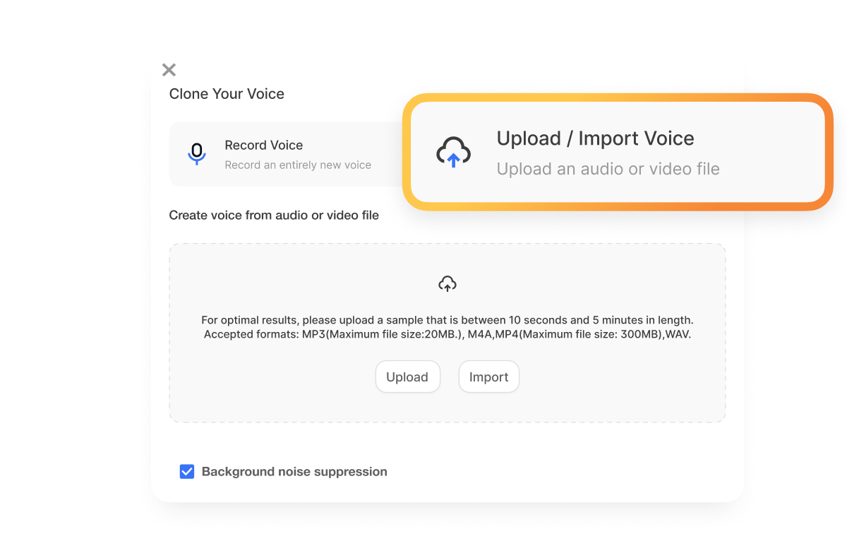 Visla AI Voice over tool for uploading or importing audio and video files to create a cloned voice